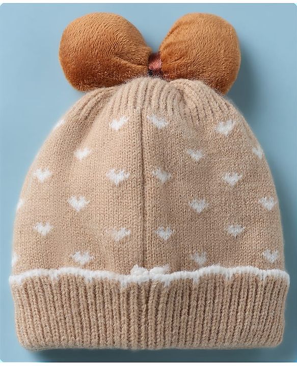 Babyhug Woollen Cap with Candy Bow Applique & Heart Design Beige - Diameter 9 cm