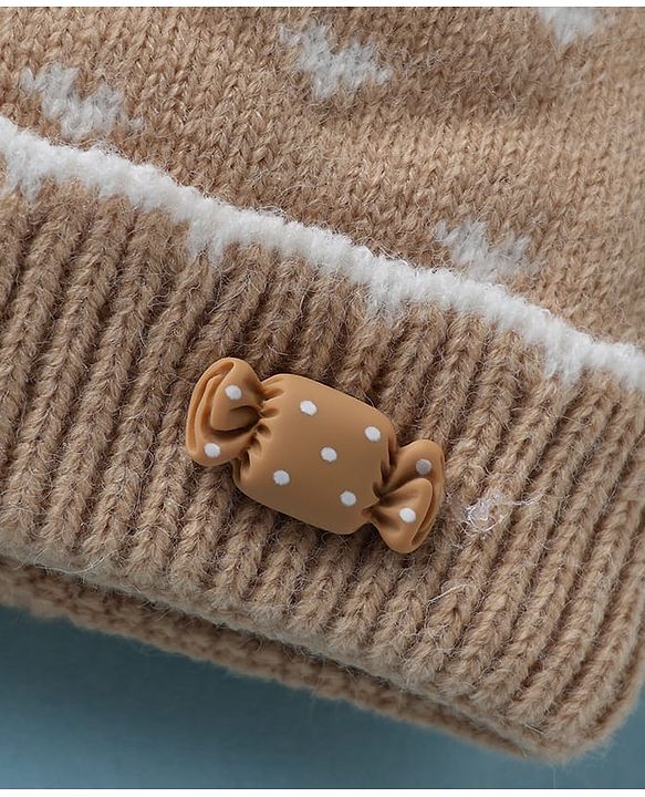 Babyhug Woollen Cap with Candy Bow Applique & Heart Design Beige - Diameter 9 cm