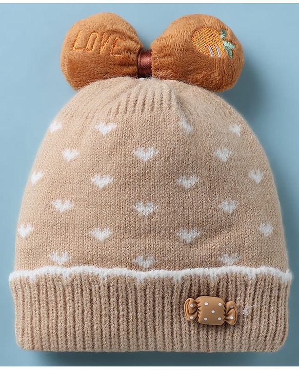Babyhug Woollen Cap with Candy Bow Applique & Heart Design Beige - Diameter 9 cm