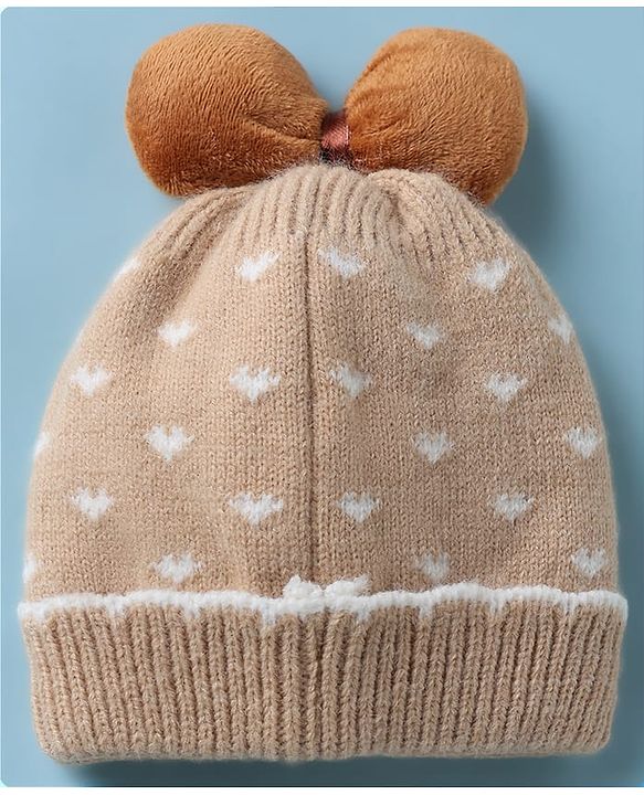 Babyhug Woollen Cap with Candy Bow Applique & Heart Design Beige - Diameter 9 cm