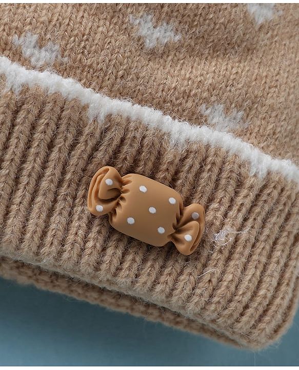 Babyhug Woollen Cap with Candy Bow Applique & Heart Design Beige - Diameter 9 cm