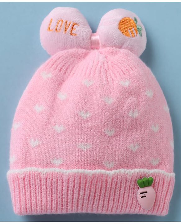 Babyhug Woollen Cap with Candy Bow Applique & Heart Design Beige - Diameter 9 cm