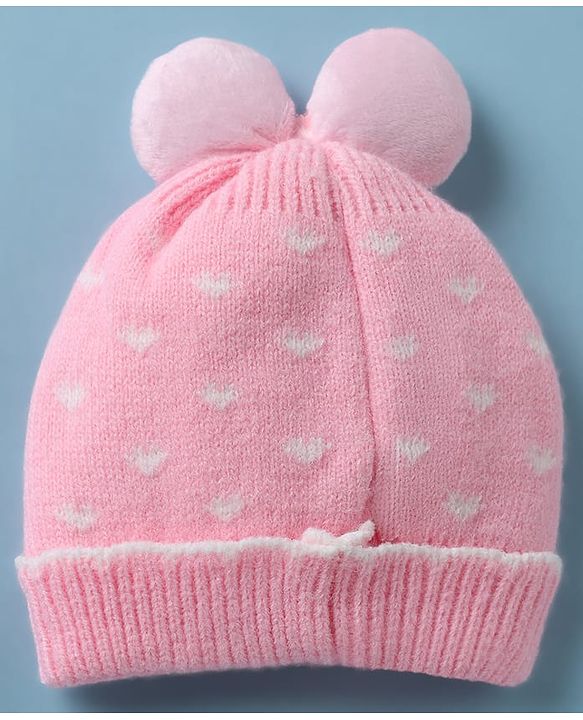 Babyhug Woollen Cap with Candy Bow Applique & Heart Design Beige - Diameter 9 cm