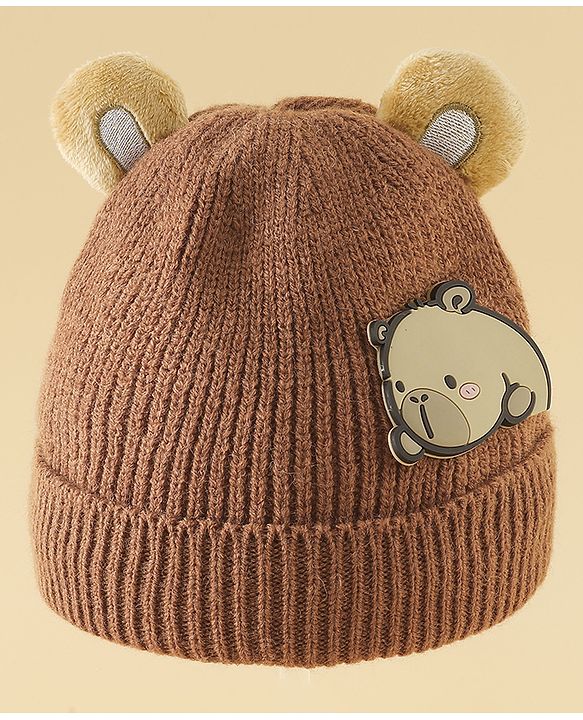 Babyhug Woollen Cap with Ear & Bear Applique in Brown Diameter - 15 cm