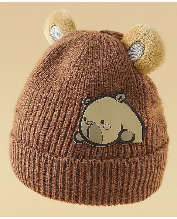 Babyhug Woollen Cap with Ear & Bear Applique in Brown Diameter - 15 cm