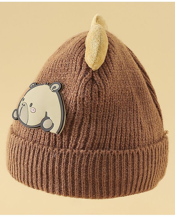 Babyhug Woollen Cap with Ear & Bear Applique in Brown Diameter - 15 cm