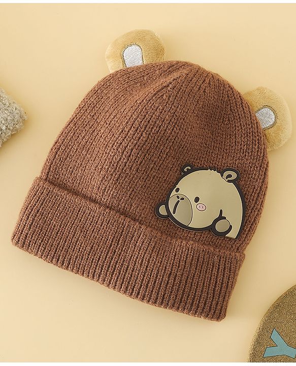 Babyhug Woollen Cap with Ear & Bear Applique in Brown Diameter - 15 cm