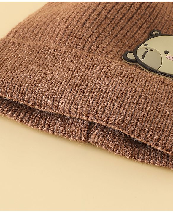 Babyhug Woollen Cap with Ear & Bear Applique in Brown Diameter - 15 cm