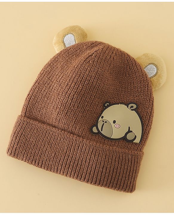 Babyhug Woollen Cap with Ear & Bear Applique in Brown Diameter - 15 cm