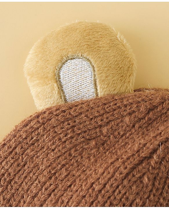 Babyhug Woollen Cap with Ear & Bear Applique in Brown Diameter - 15 cm