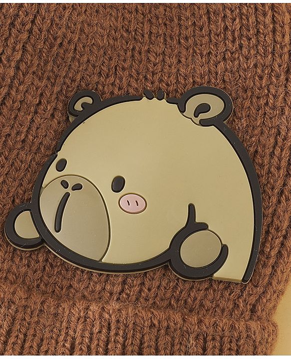 Babyhug Woollen Cap with Ear & Bear Applique in Brown Diameter - 15 cm
