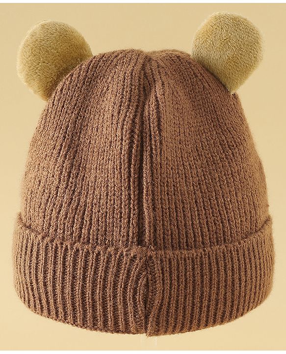 Babyhug Woollen Cap with Ear & Bear Applique in Brown Diameter - 15 cm