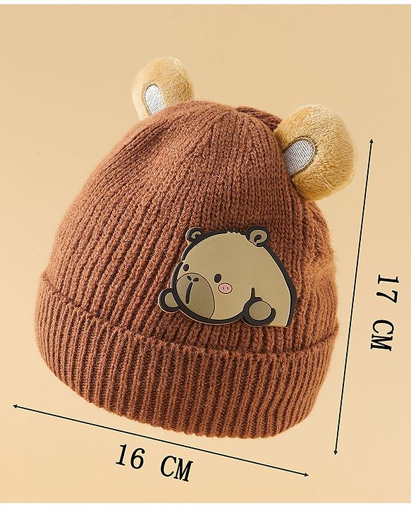 Babyhug Woollen Cap with Ear & Bear Applique in Brown Diameter - 15 cm