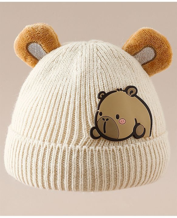 Babyhug Woollen Cap with Ear & Bear Applique in Brown Diameter - 15 cm