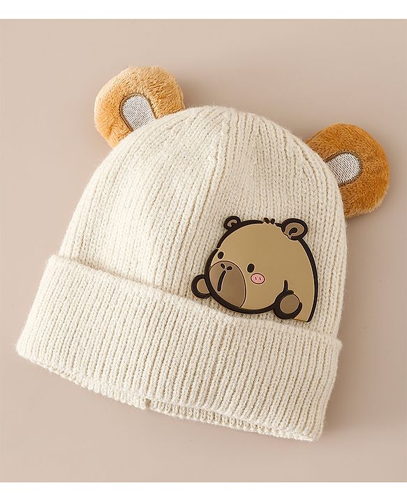 Babyhug Woollen Cap with Ear & Bear Applique in Brown Diameter - 15 cm