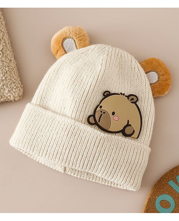 Babyhug Woollen Cap with Ear & Bear Applique in Brown Diameter - 15 cm