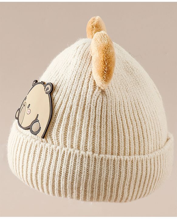 Babyhug Woollen Cap with Ear & Bear Applique in Brown Diameter - 15 cm