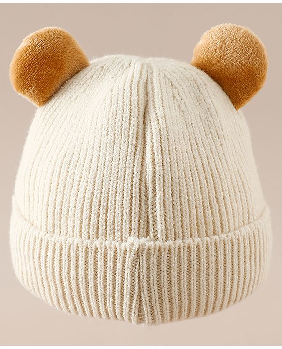 Babyhug Woollen Cap with Ear & Bear Applique in Brown Diameter - 15 cm