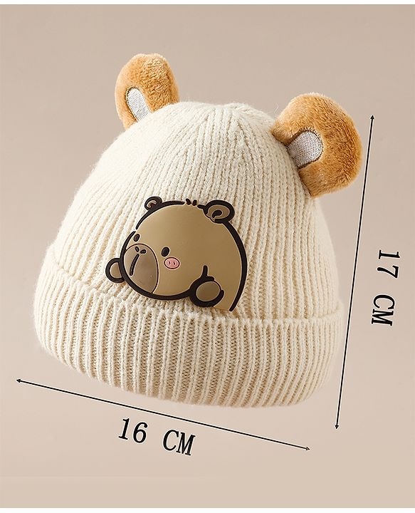Babyhug Woollen Cap with Ear & Bear Applique in Brown Diameter - 15 cm