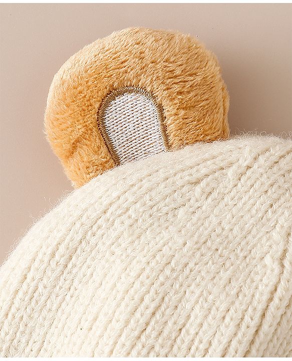 Babyhug Woollen Cap with Ear & Bear Applique in Brown Diameter - 15 cm