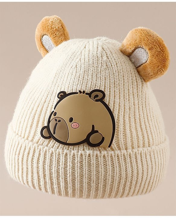 Babyhug Woollen Cap with Ear & Bear Applique in Brown Diameter - 15 cm