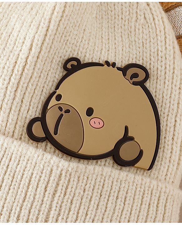Babyhug Woollen Cap with Ear & Bear Applique in Brown Diameter - 15 cm