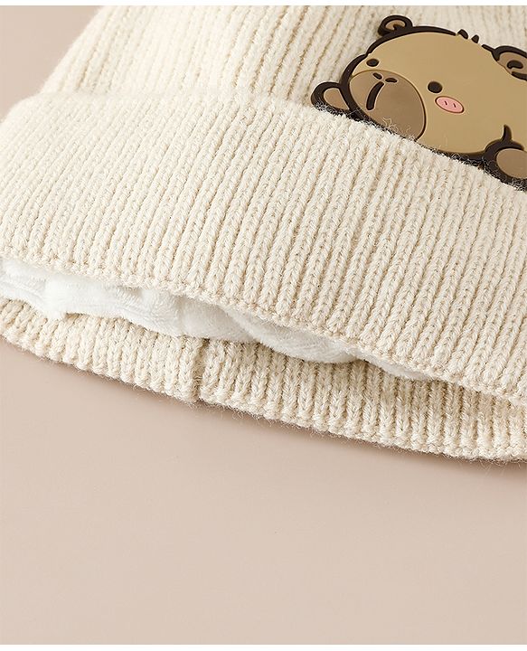 Babyhug Woollen Cap with Ear & Bear Applique in Brown Diameter - 15 cm