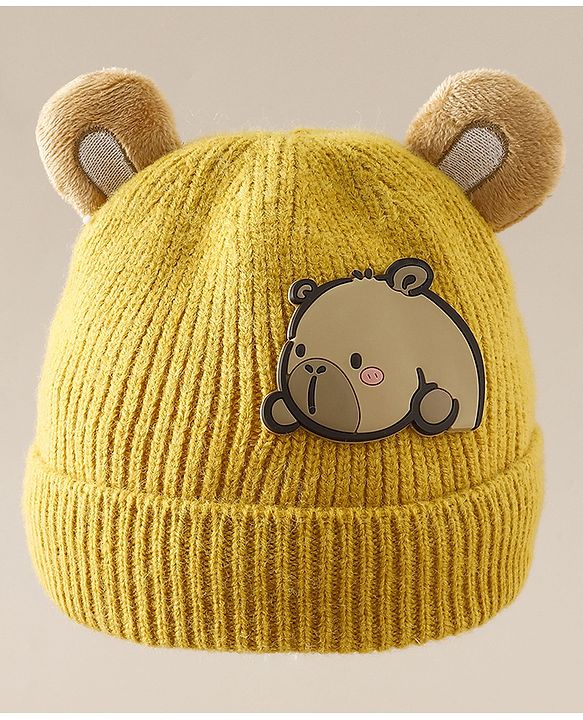 Babyhug Woollen Cap with Ear & Bear Applique in Brown Diameter - 15 cm