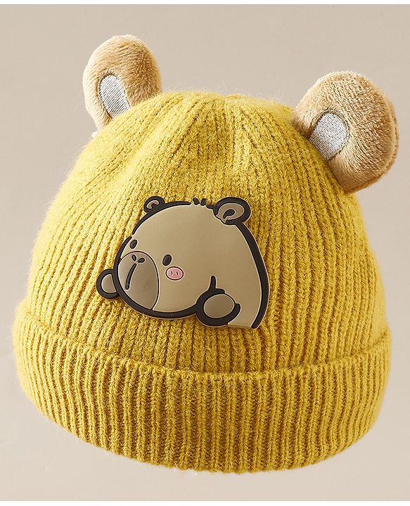 Babyhug Woollen Cap with Ear & Bear Applique in Brown Diameter - 15 cm