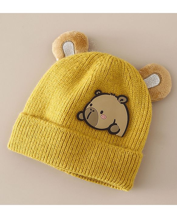 Babyhug Woollen Cap with Ear & Bear Applique in Brown Diameter - 15 cm