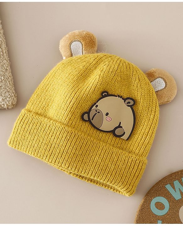 Babyhug Woollen Cap with Ear & Bear Applique in Brown Diameter - 15 cm