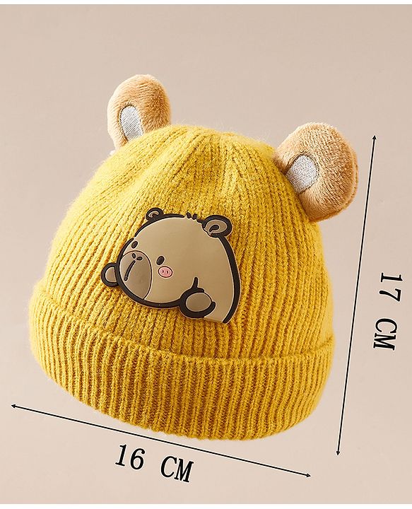Babyhug Woollen Cap with Ear & Bear Applique in Brown Diameter - 15 cm