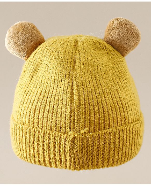 Babyhug Woollen Cap with Ear & Bear Applique in Brown Diameter - 15 cm