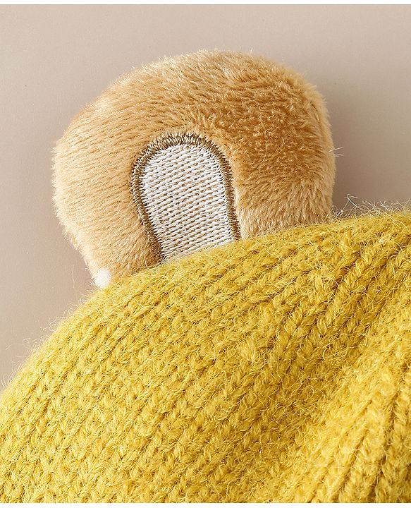 Babyhug Woollen Cap with Ear & Bear Applique in Brown Diameter - 15 cm