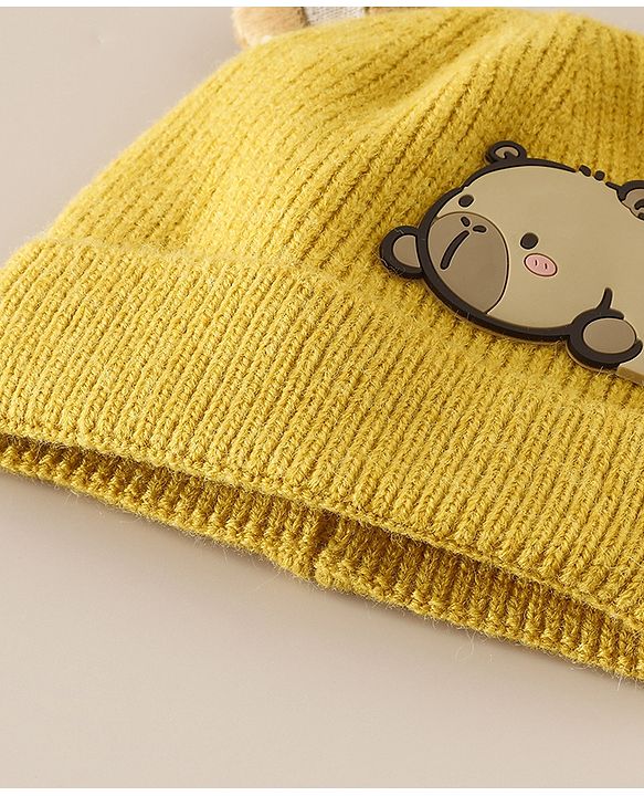 Babyhug Woollen Cap with Ear & Bear Applique in Brown Diameter - 15 cm