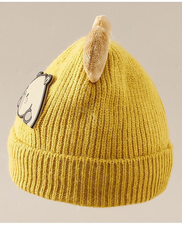 Babyhug Woollen Cap with Ear & Bear Applique in Brown Diameter - 15 cm