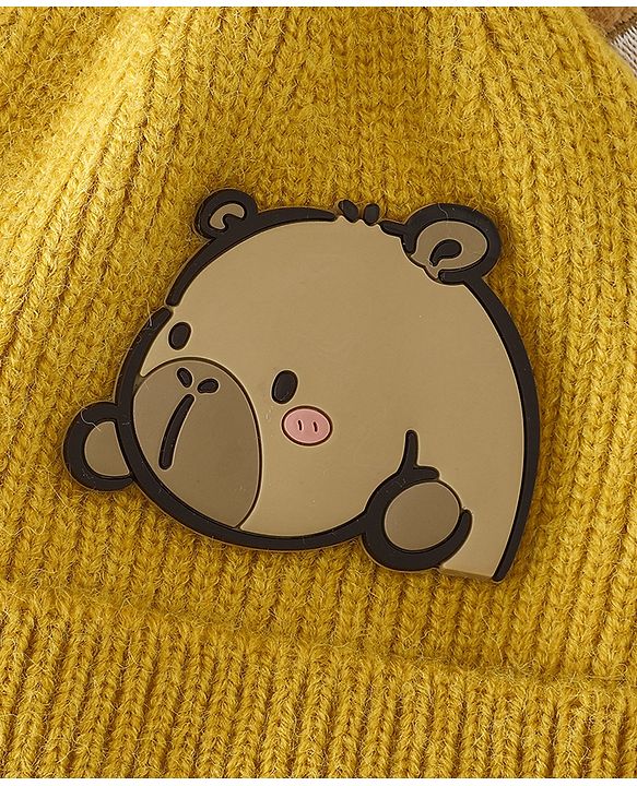 Babyhug Woollen Cap with Ear & Bear Applique in Brown Diameter - 15 cm