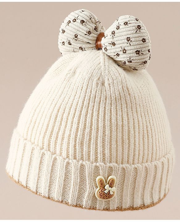 Babyhug Woollen Cap with Bow Applique in Off White - Diameter 15.5 cm