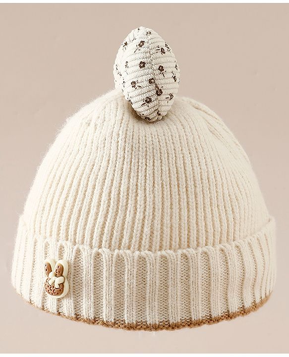 Babyhug Woollen Cap with Bow Applique in Off White - Diameter 15.5 cm