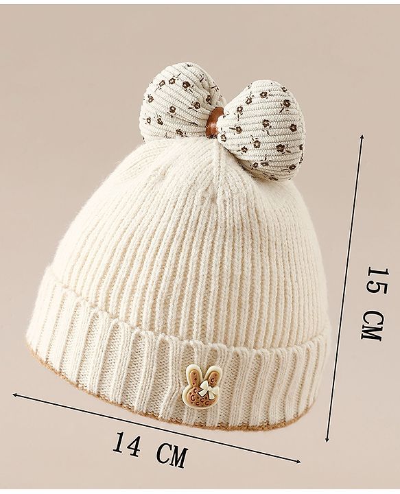 Babyhug Woollen Cap with Bow Applique in Off White - Diameter 15.5 cm