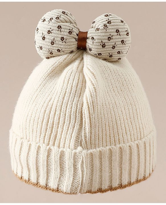 Babyhug Woollen Cap with Bow Applique in Off White - Diameter 15.5 cm