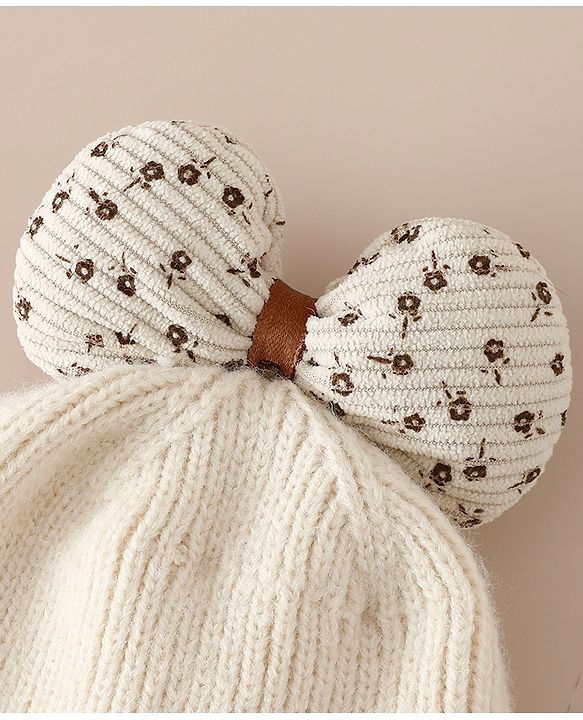 Babyhug Woollen Cap with Bow Applique in Off White - Diameter 15.5 cm