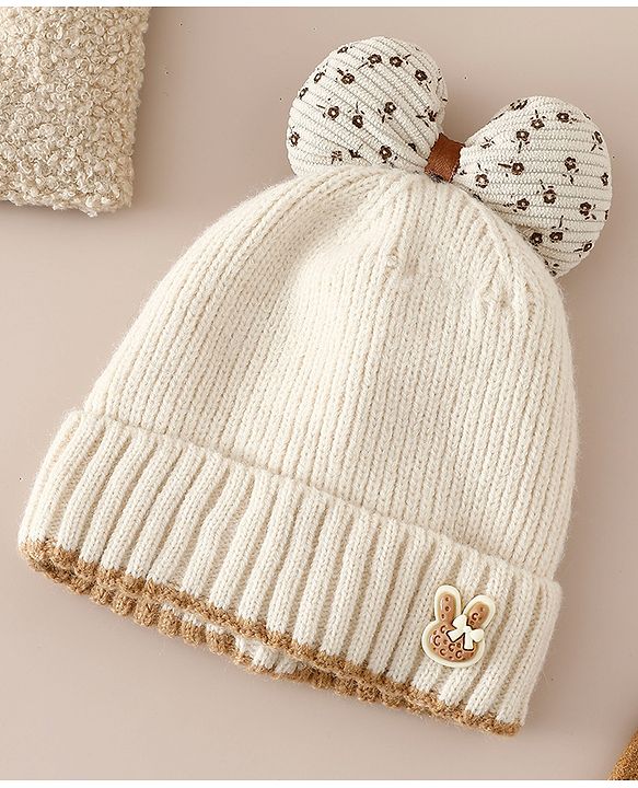 Babyhug Woollen Cap with Bow Applique in Off White - Diameter 15.5 cm