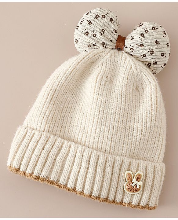 Babyhug Woollen Cap with Bow Applique in Off White - Diameter 15.5 cm
