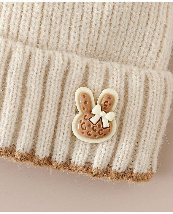 Babyhug Woollen Cap with Bow Applique in Off White - Diameter 15.5 cm