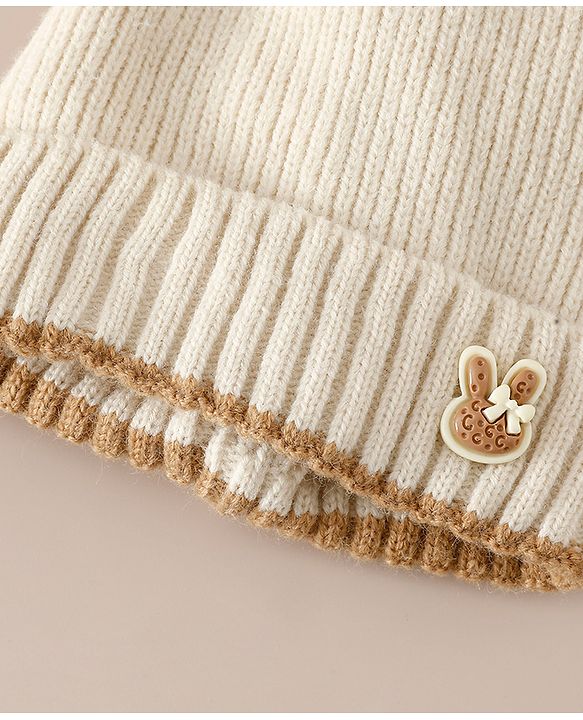 Babyhug Woollen Cap with Bow Applique in Off White - Diameter 15.5 cm