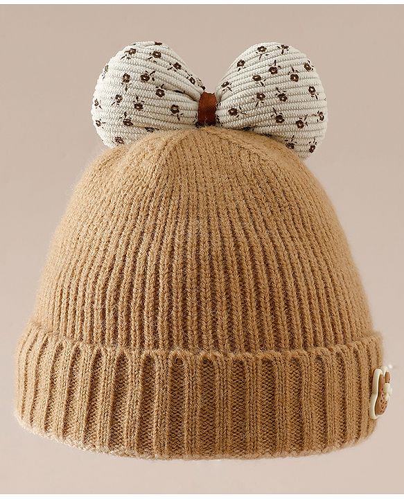 Babyhug Woollen Cap with Bow Applique in Off White - Diameter 15.5 cm