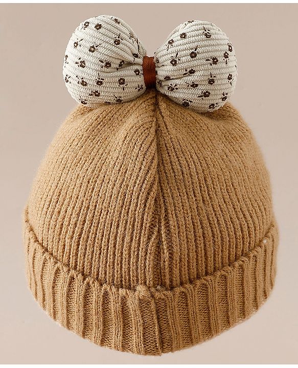 Babyhug Woollen Cap with Bow Applique in Off White - Diameter 15.5 cm