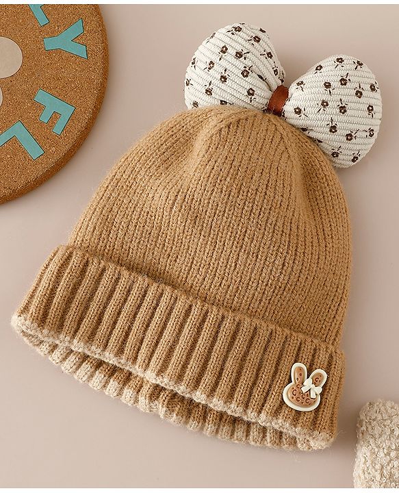 Babyhug Woollen Cap with Bow Applique in Off White - Diameter 15.5 cm