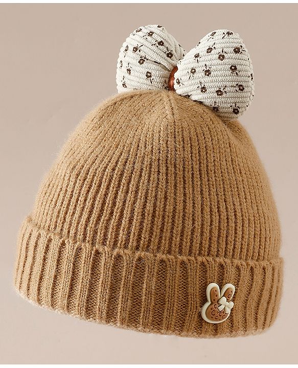 Babyhug Woollen Cap with Bow Applique in Off White - Diameter 15.5 cm